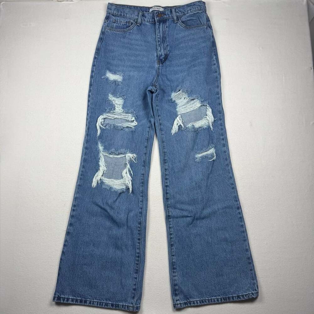 Vibrant M.I.U. Distressed Wide Leg Jeans Blue Denim